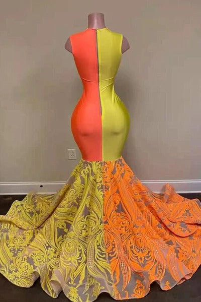 Yellow And Orange Long Mermaid Lace Formal Prom Dresses-showprettydress