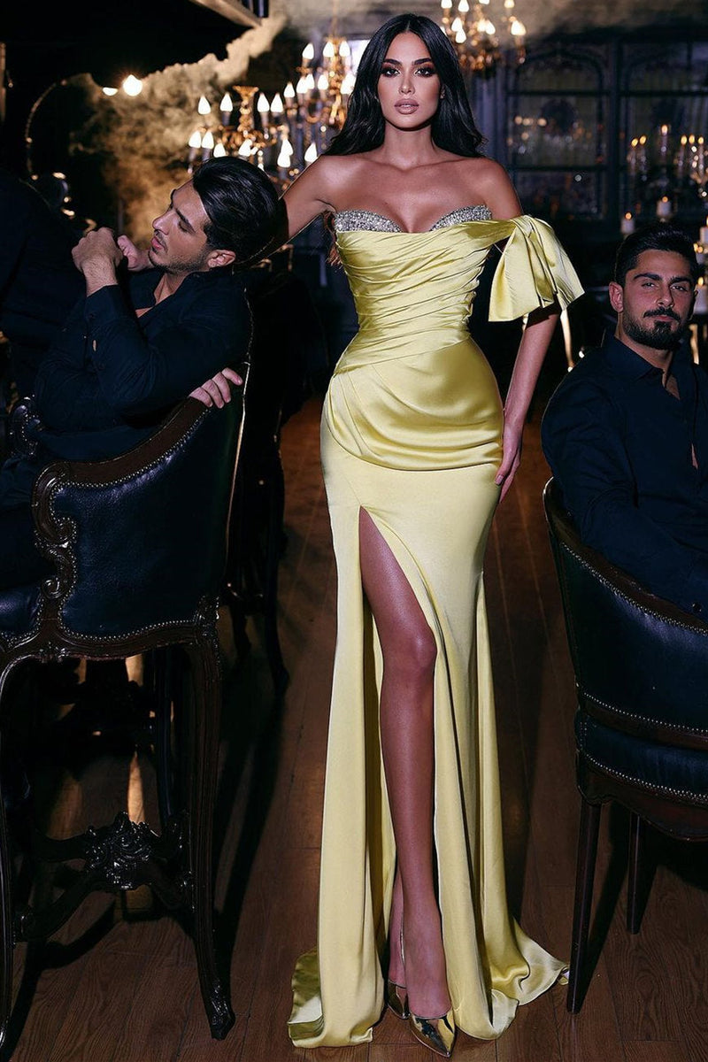 Yellow Asymmetric shoudler Sweetheart Floor length Mermaid Prom Dress-showprettydress