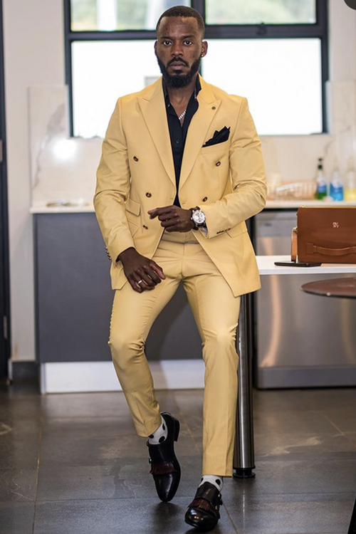 Yellow Double Breasted Slim Fit Peaked Lapel Mens Suits main image 0