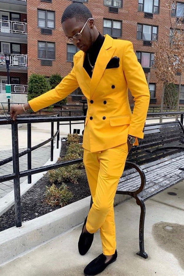 Yellow Double Breasted Peaked Lapel Slim Fit Men Suits-showprettydress