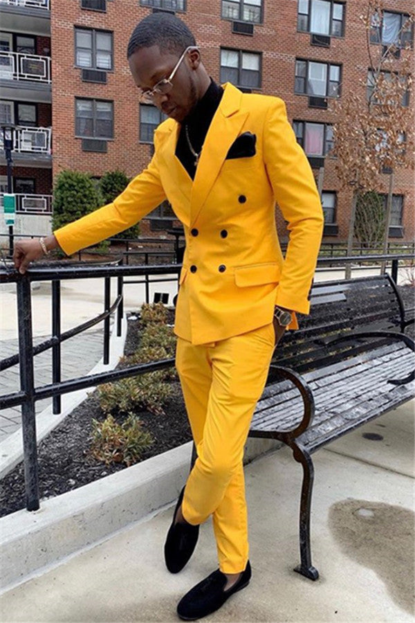 Yellow Double Breasted Slim Fit Peaked Lapel Mens Suits-showprettydress
