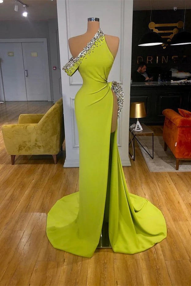 Yellow Green Long Mermaid One Shoulder Satin Slit Prom Dress With Crystals-showprettydress