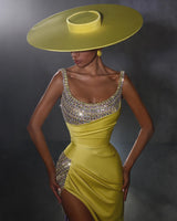 Yellow Long Mermaid Scoop Sleeveless Beads Formal Prom Dress with Slit-showprettydress