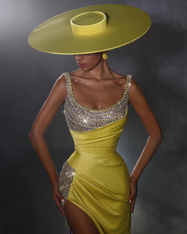 Yellow Long Mermaid Scoop Sleeveless Beads Formal Prom Dress with Slit-showprettydress