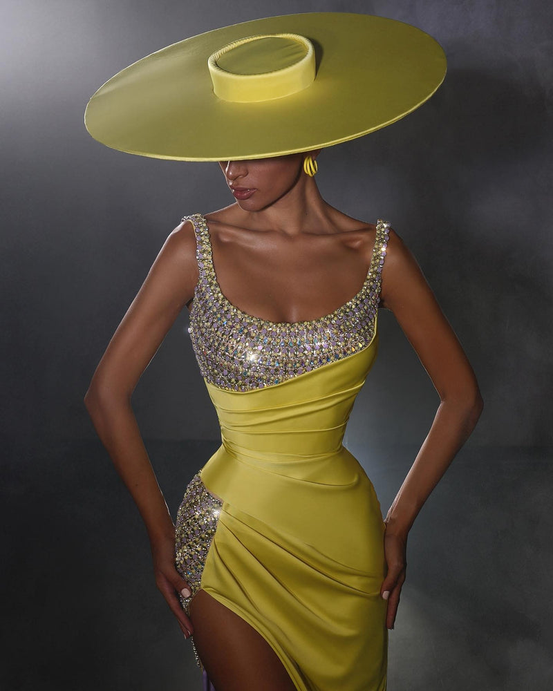 Yellow Long Mermaid Scoop Sleeveless Beads Formal Prom Dress with Slit-showprettydress
