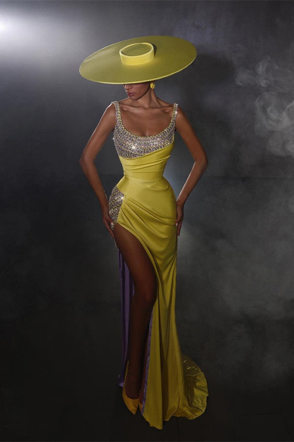 Yellow Long Mermaid Scoop Sleeveless Beads Formal Prom Dress with Slit-showprettydress