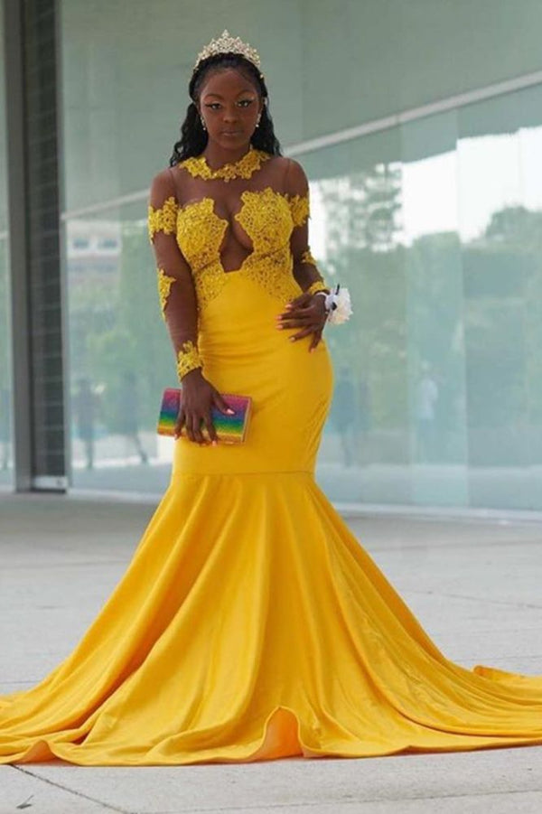 Yellow Long Sleeves Mermaid Prom Gowns Sweep Train Appliques-showprettydress