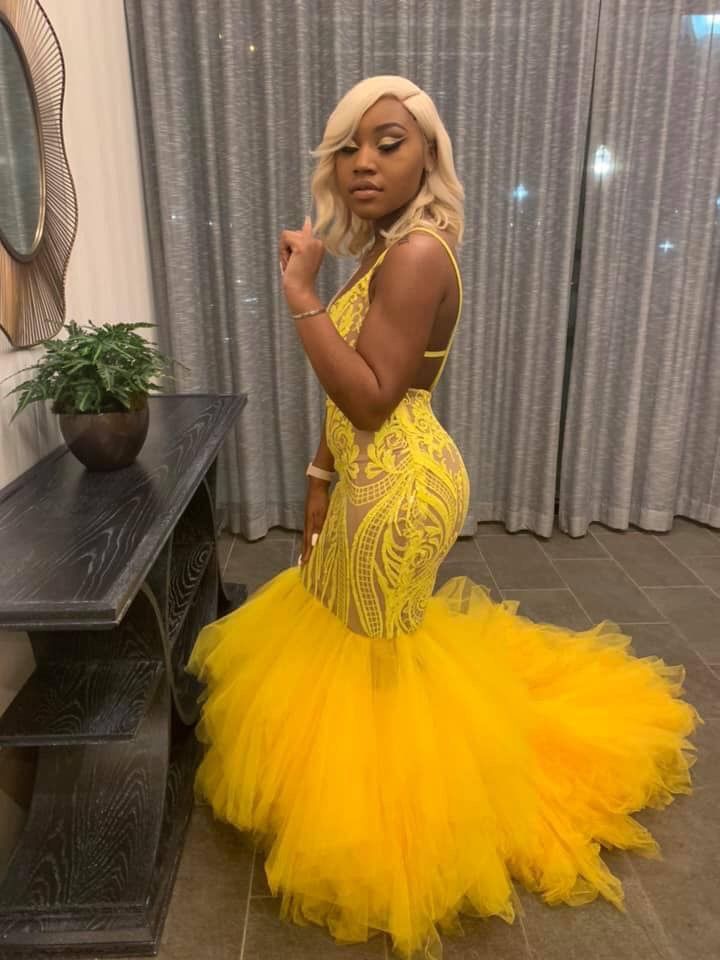 Yellow Mermaid Lace Puffy Tulle Open back Long Prom Party Gowns-showprettydress