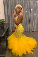 Yellow Mermaid Lace Puffy Tulle Open back Long Prom Party Gowns-showprettydress