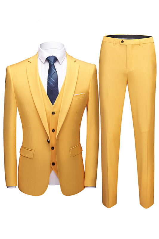 Yellow Notch Collar Three Pieces Slim Fit Suits for Men-showprettydress