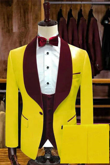 Yellow One Button Wedding Groom Suits with Velvet Lapel-showprettydress