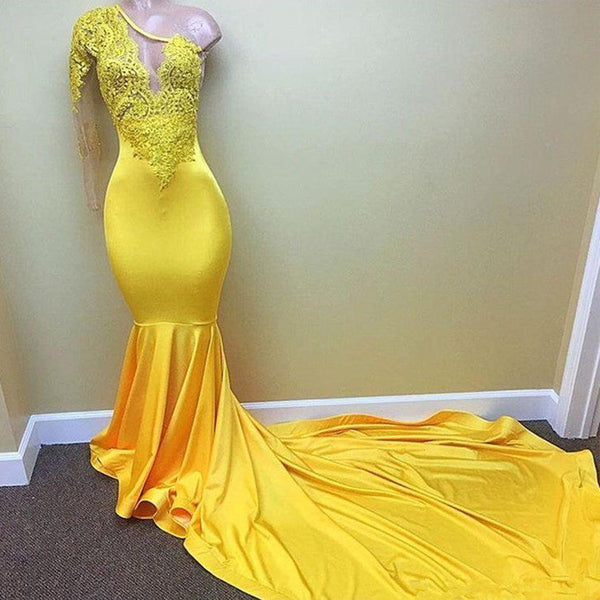 Yellow one shoulder mermaid prom dress, lace evening dresses-showprettydress