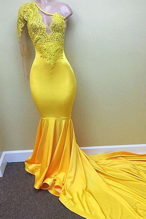 Yellow one shoulder mermaid prom dress, lace evening dresses-showprettydress
