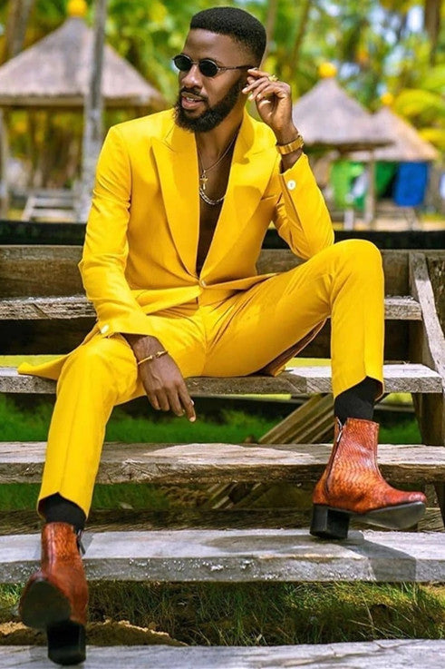 Yellow Peaked Lapel One Button Men Suits for Prom-showprettydress