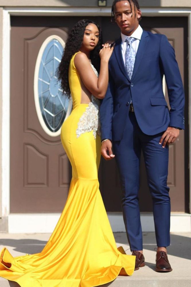 Yellow Sleeveless Mermaid Evening Prom Dresses Lace Appliques-showprettydress