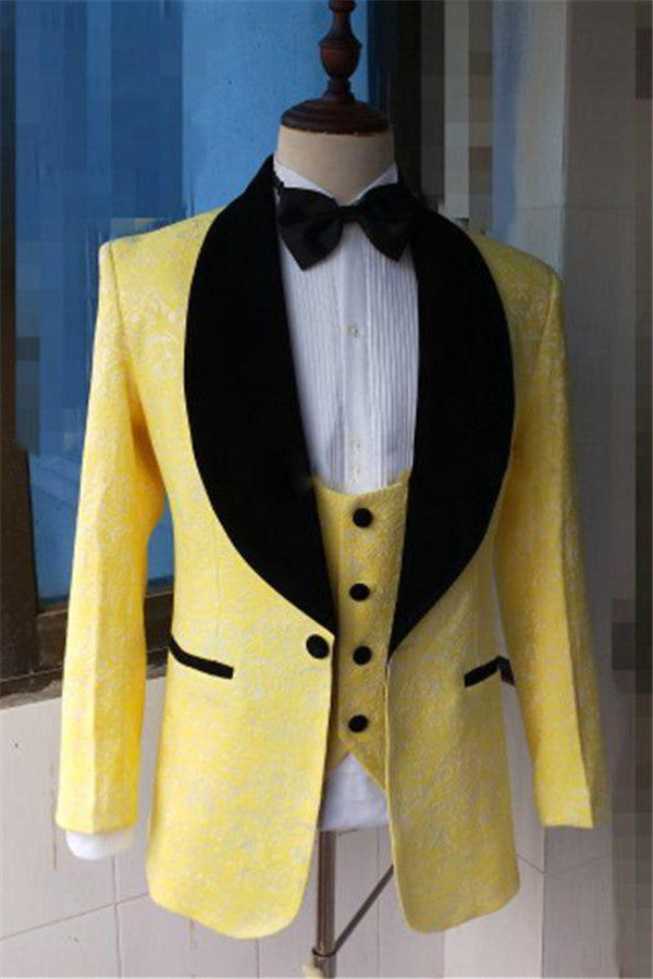Yellow Slim Fit Lapel Shawl Prom Dress Suit Bespoke Jacquard Men Formal Party Blazer-showprettydress