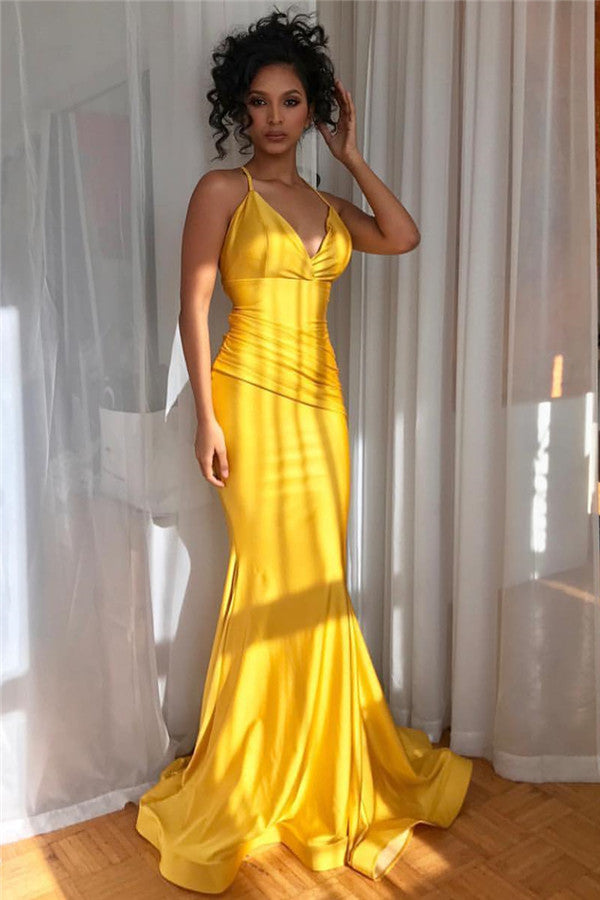 Yellow Spaghetti-Straps V-Neck Ruffle Mermaid Evening Gown-showprettydress