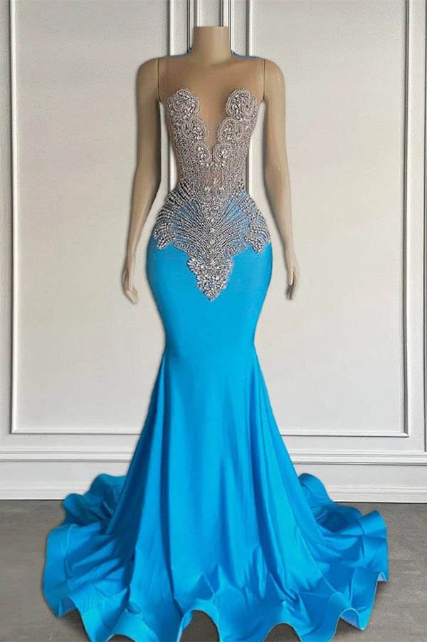Ocean blue sleeveless mermaid prom dress with long beadings