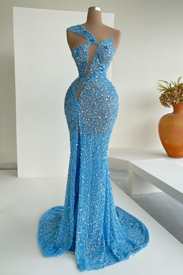 Ocean Blue Sequins One-Shoulder Mermaid Long Prom Dress With Split