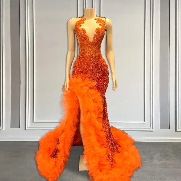 Orange Sleeveless Mermaid Prom Dress with Side Slit and Tulle Beadings