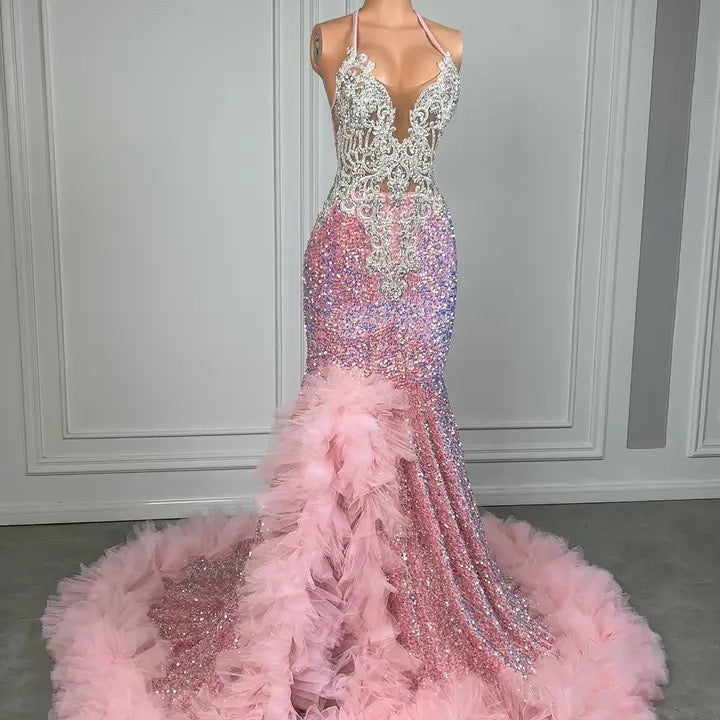Pink Halter Mermaid Prom Dress with Sequins Beadings and Tulle Ruffle
