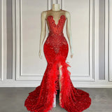 Mermaid Prom Dress with Sequins Sleeveless Split Beadings and Feather Embellishments