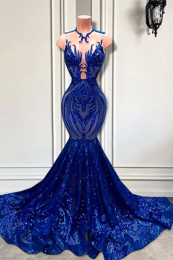 Sequins Royal Blue Sleeveless Mermaid Prom Dress