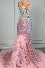 Pink Halter Mermaid Prom Dress with Sequins Beadings and Tulle Ruffle