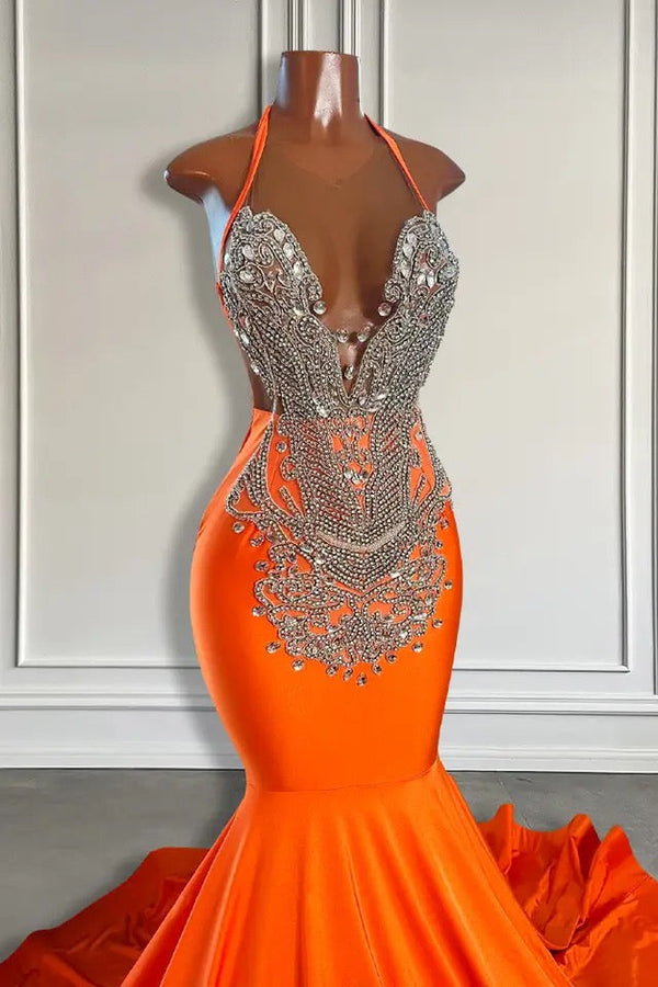 Sleeveless V-Neck Halter Mermaid Prom Dress With Beadings