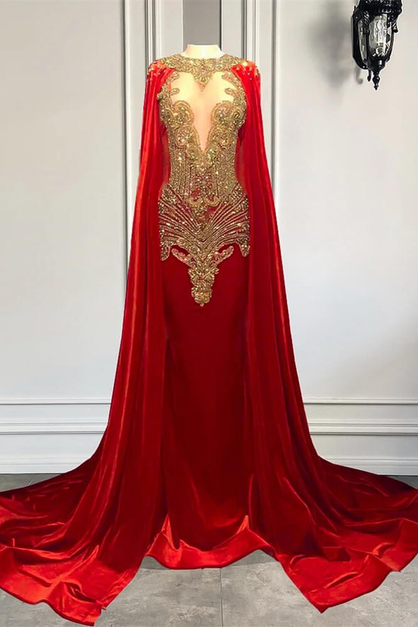 Mermaid Prom Dresses with Red Scoop Neckline and Beadings Cape