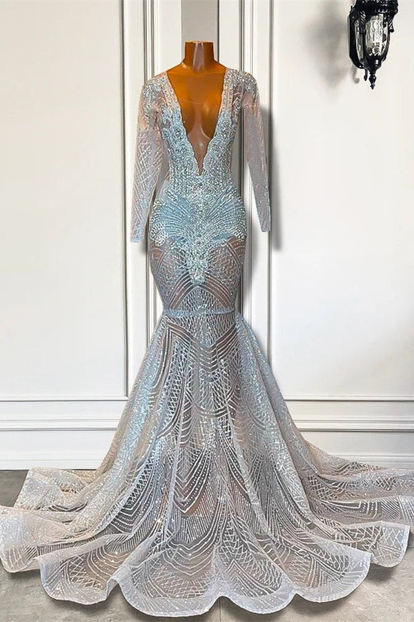 Mermaid Prom Dress with Deep V-Neck Long Sleeves Beadings