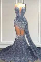 V-Neck Sequins Prom Dress Mermaid Sleeveless Crystal.