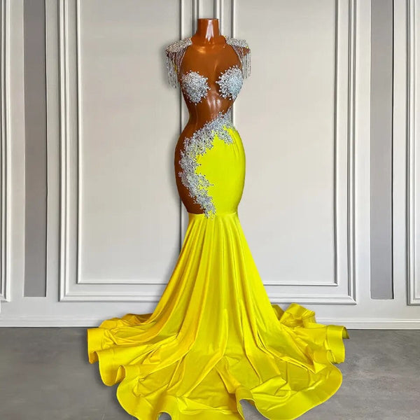 Yellow Scoop Prom Dress with Beadings and Tassels - Mermaid Long