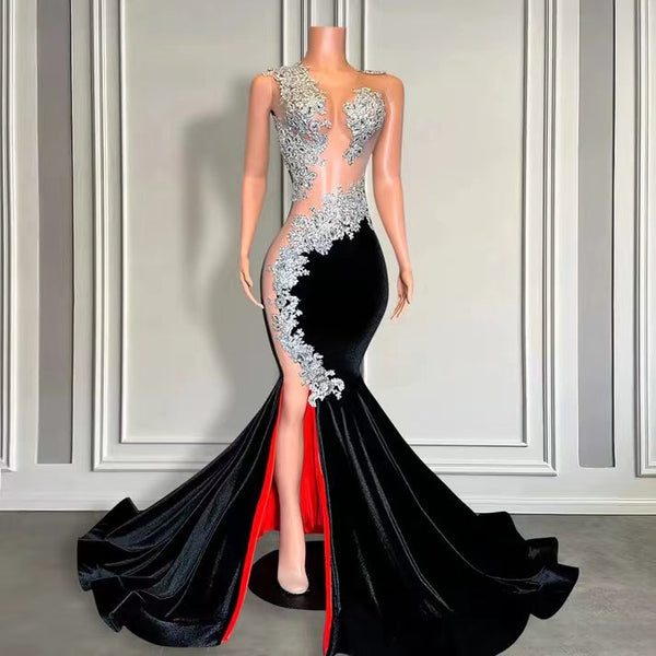 Sleeveless Long Black Velvet Mermaid Prom Dress with Appliques and Beads