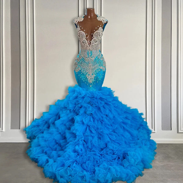 Ocean Blue Mermaid Tulle Ruffle Prom Dress Long With Beadings