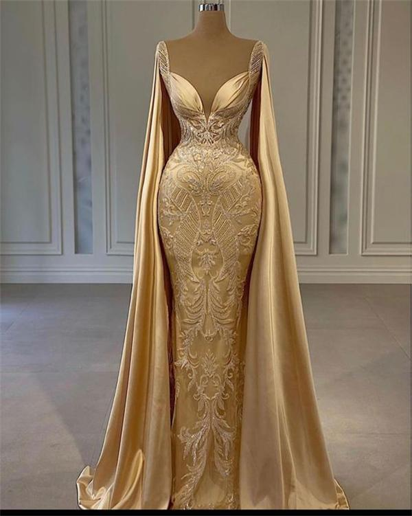 Chic Long Mermaid V-neck Satin Prom Dresses Gold Formal Evening Gowns-showprettydress