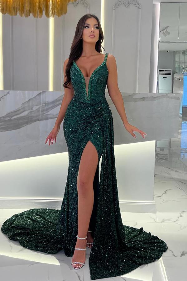 Dark Green Mermaid V-neck Spaghetti Straps Sequined Long Prom Dresses With Slit - Showprettydress