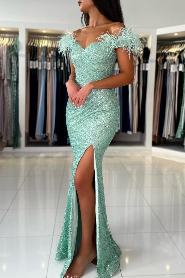 Mermaid Off-the-Shoulder Sequined Fur Long Prom Dresses with Split - Showprettydress