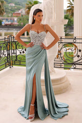 Green A-line Spaghetti Straps Satin Long Split Front Prom Dresses With Beads - Showprettydress