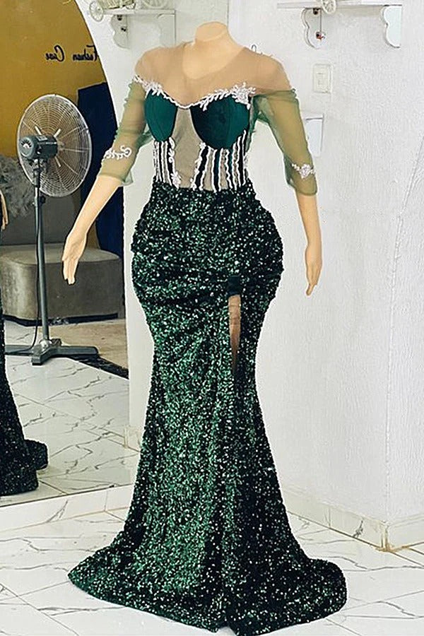 Long Jewel Mermaid Lace Applique Sequined High Split Prom Dress with Half Sleeves