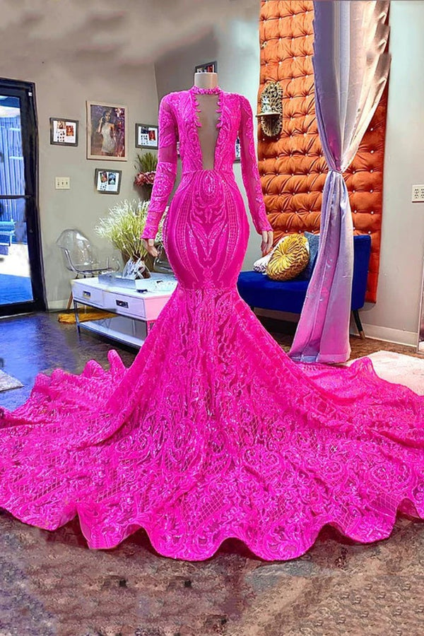 Long Mermaid High Neck Sequined Appliques Lace Prom Dress with Sleeves-showprettydress