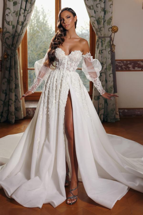 Off-the-Shoulder A-Line Long Sleeves Tulle Lace Wedding Dresses With Slit - Showprettydress