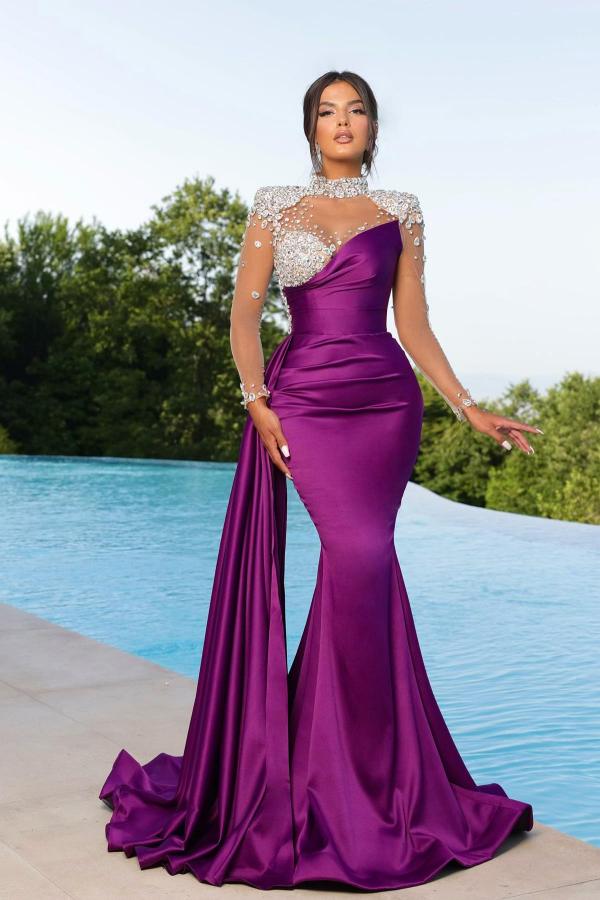Long Purple Mermaid High Neck Satin Beading Prom Dresses with Sleeves - Showprettydress
