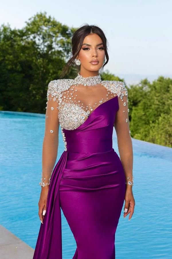Long Purple Mermaid High Neck Satin Beading Prom Dresses with Sleeves - Showprettydress