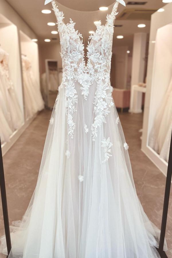 A-Line V-neck Chiffon Lace Open Back Long Wedding Dresses With Slit - Showprettydress
