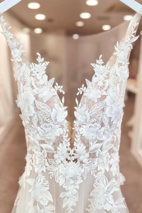 A-Line V-neck Chiffon Lace Open Back Long Wedding Dresses With Slit - Showprettydress