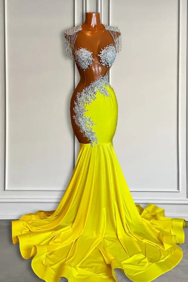 Yellow Scoop Prom Dress with Beadings and Tassels - Mermaid Long