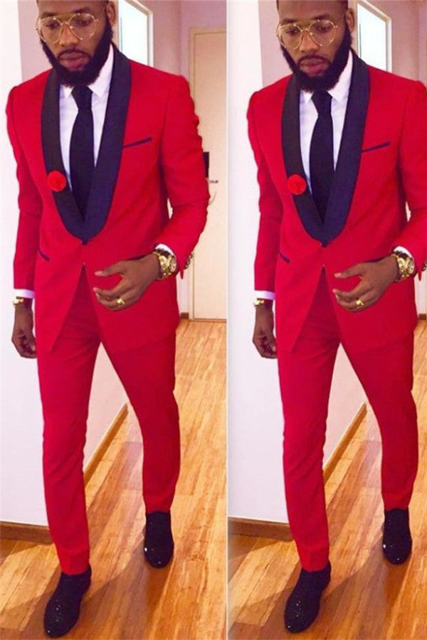 2 Pieces Red Men Suits with One Button Latest Coat Pant Design Shawl Collar Prom Tuxedo-showprettydress