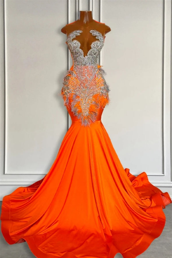 Sale: Orange Sleeveless Illusion Mermaid Prom Dresses With Beadings and Feather