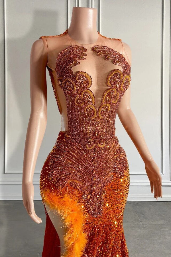 Mermaid Style Burnt Orange Sequins Prom Dress with Side Slit Long Length Beadings and Feathers